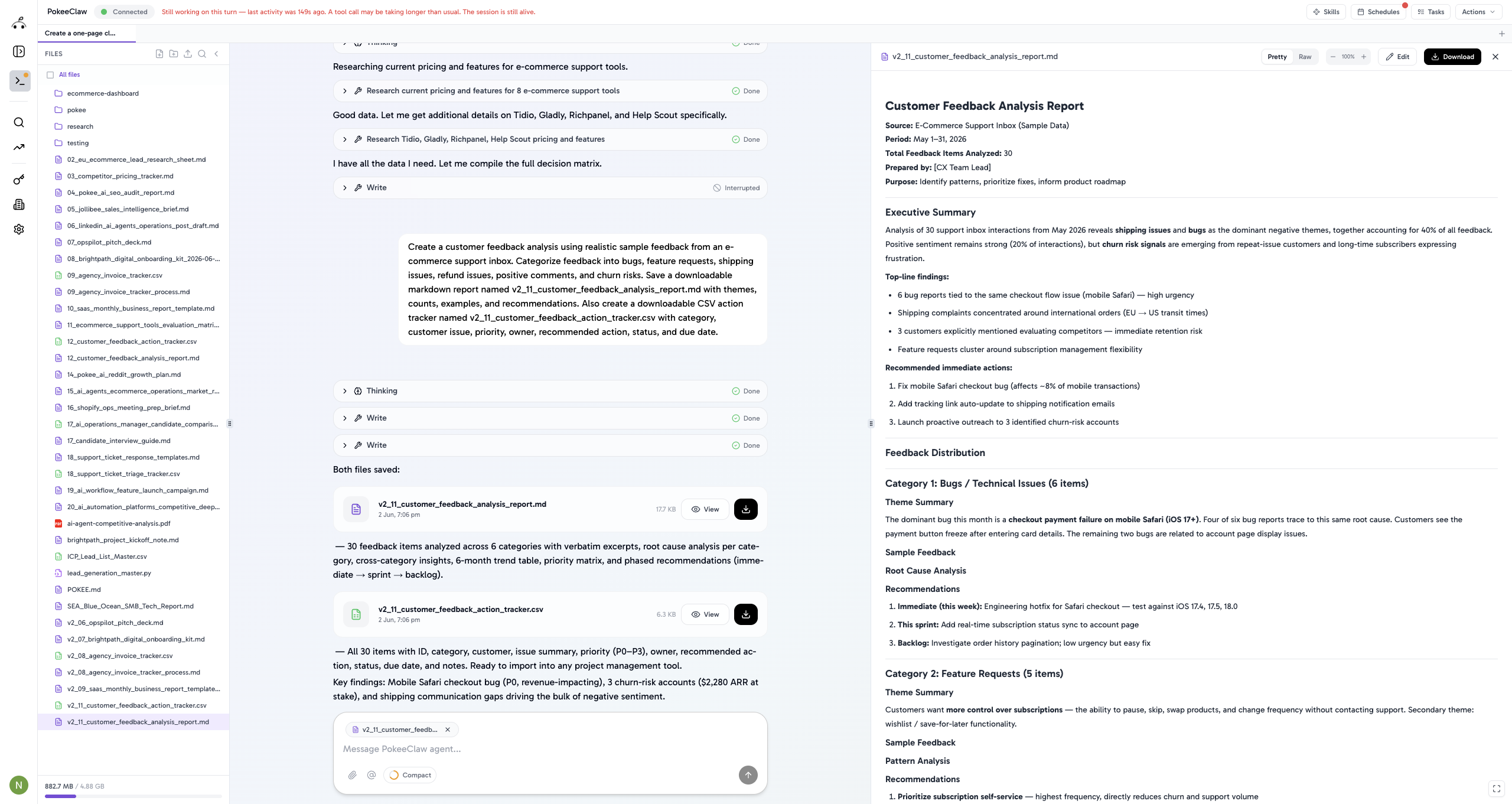 Customer feedback analysis created by Pokee from a single prompt