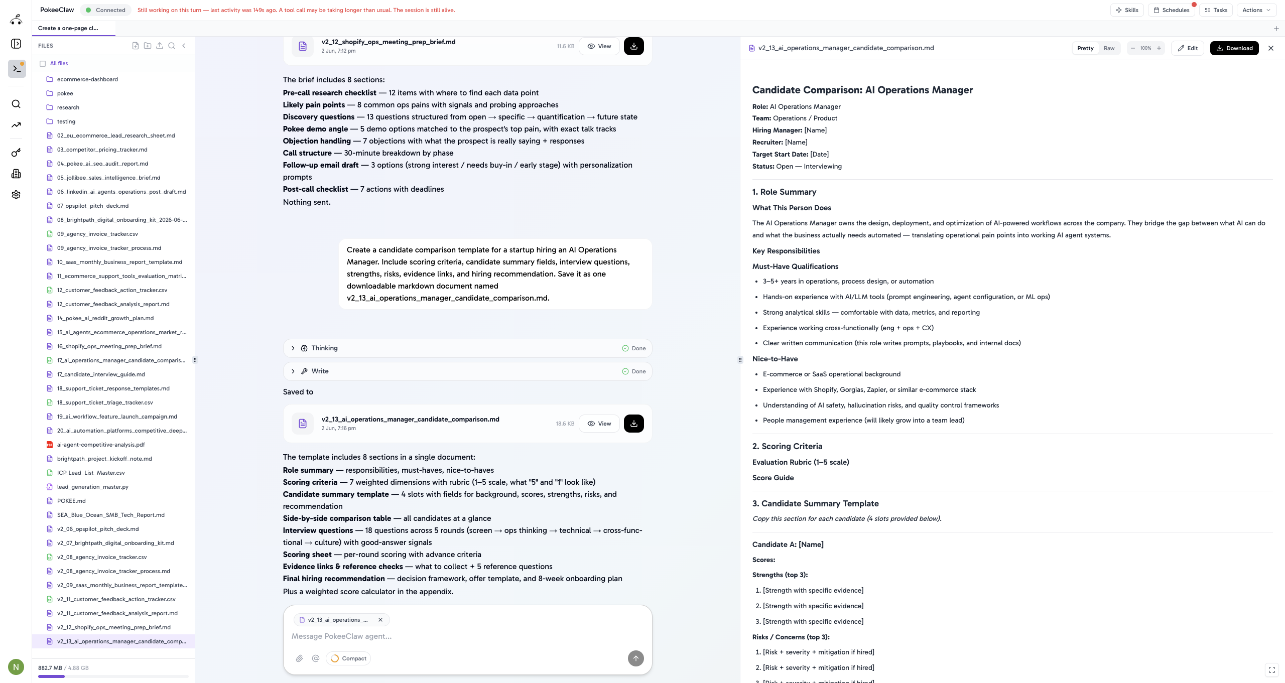 Recruiting candidate comparison created by Pokee from a single prompt
