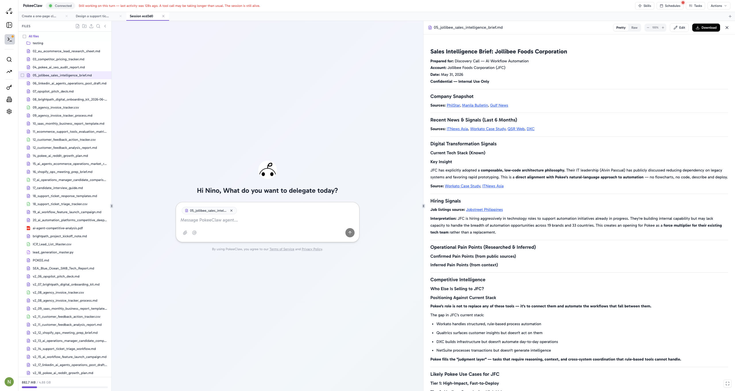 Sales intelligence brief created by Pokee from a single prompt