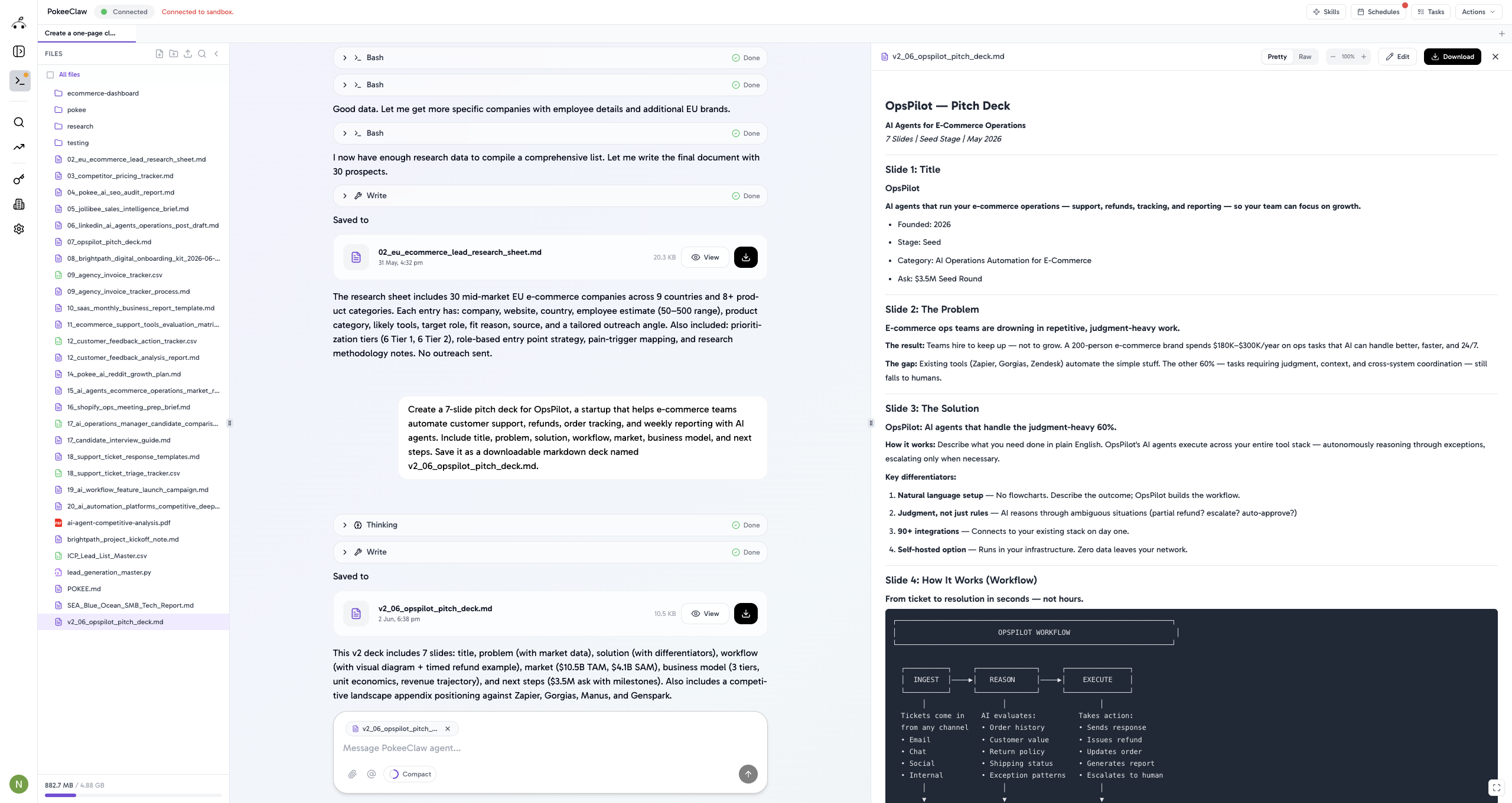 Startup pitch deck created by Pokee from a single prompt