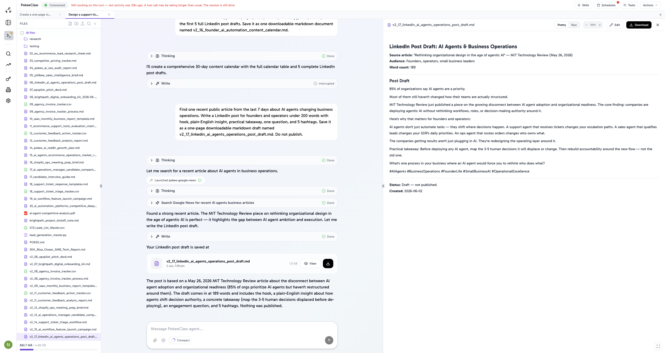 LinkedIn post draft created by Pokee from a single prompt