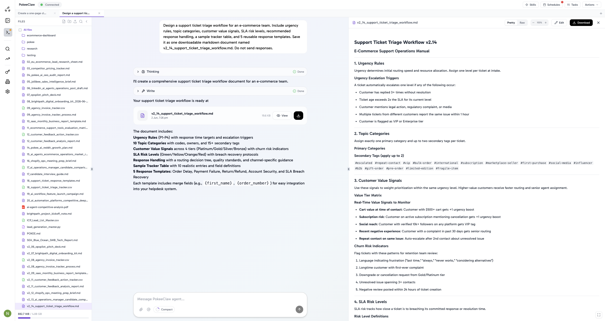 Support ticket triage workflow created by Pokee from a single prompt