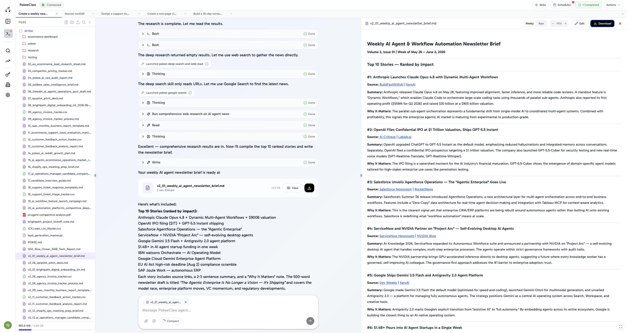 Weekly newsletter brief created by Pokee from a single prompt